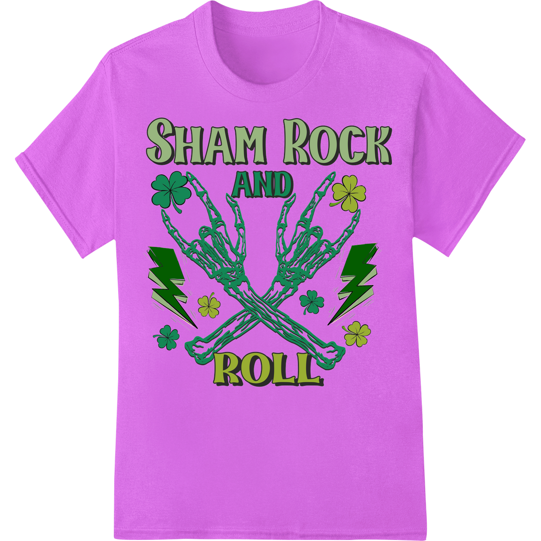 Sham Rock & Roll Skeleton Hands St Patrick's DTF Print on purple shirt - SUPERDTF-DTF Prints-DTF Transfers-Custom DTF Prints