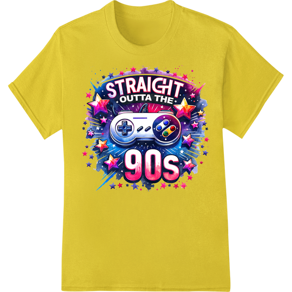 Retro 90s Gamer 'STRAIGHT OUTTA THE 90s' DTF Transfer Print on yellow shirt - SUPERDTF-DTF Prints-DTF Transfers-Custom DTF Prints