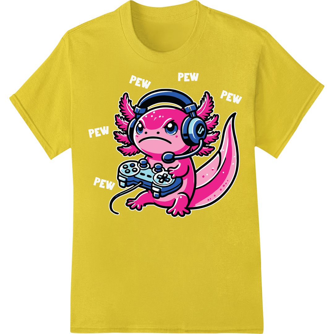 Adorable Axolotl Gamer DTF Print Heat Transfer | Fun & Quirky on yellow shirt - SUPERDTF-DTF Prints-DTF Transfers-Custom DTF Prints