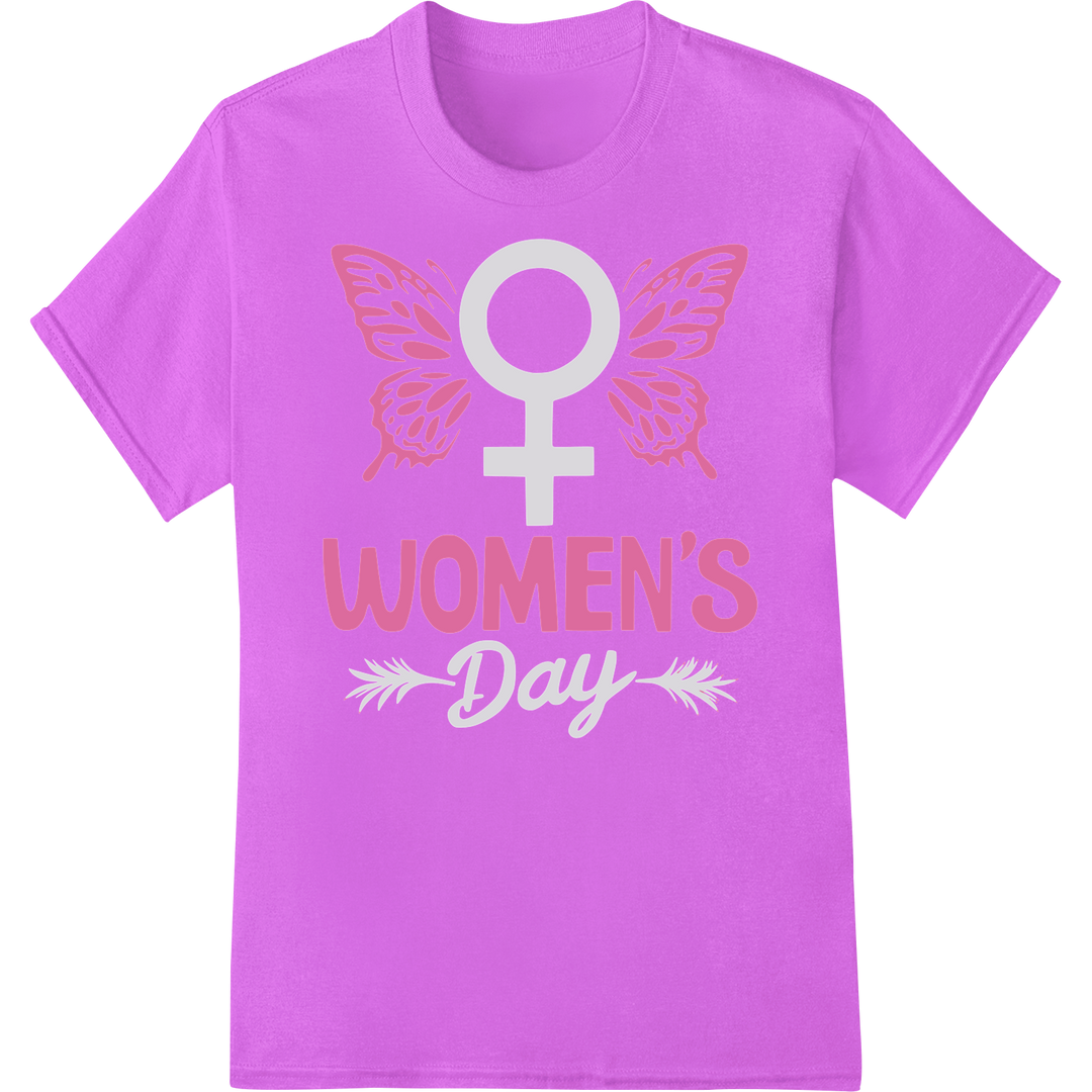 Empower Women: Bold Pink Butterfly Wings Women's Day Design on purple shirt - SUPERDTF-DTF Prints-DTF Transfers-Custom DTF Prints