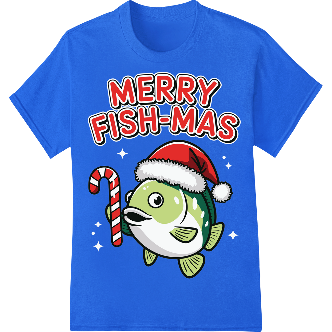 Adorable 'Merry Fish-Mas' DTF Print Heat Transfer | Christmas on blue shirt - SUPERDTF-DTF Prints-DTF Transfers-Custom DTF Prints