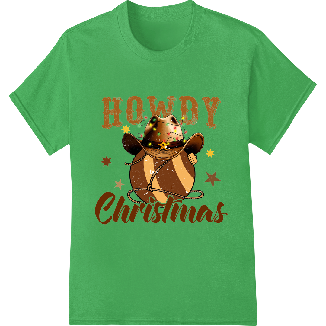 Howdy! Festive Cowboy Christmas DTF Print Heat Transfer on green shirt - SUPERDTF-DTF Prints-DTF Transfers-Custom DTF Prints