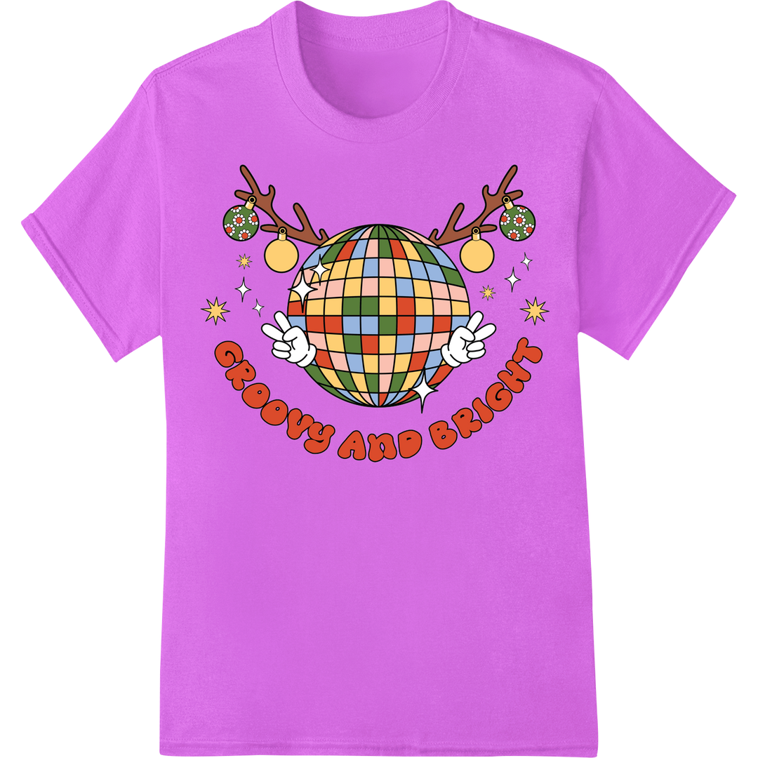 Groovy Disco Ball Ornament - Festive Christmas DTF Print on purple shirt - SUPERDTF-DTF Prints-DTF Transfers-Custom DTF Prints