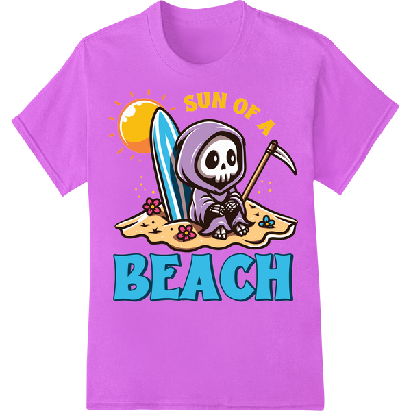 Sun of a Beach: Vibrant Skeleton Surfer DTF Print Heat Transfer on purple shirt - SUPERDTF-DTF Prints-DTF Transfers-Custom DTF Prints