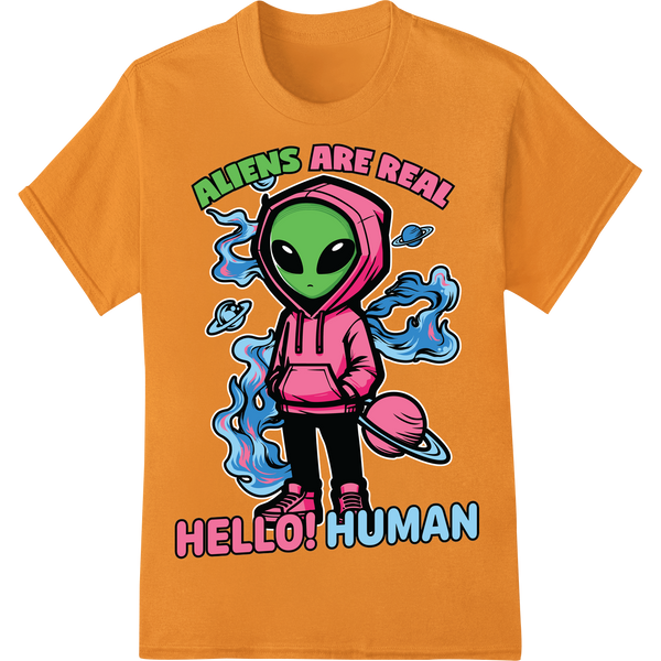 Sarcastic Alien Says 'HELLO HUMAN!' | Funny DTF Print Design on orange shirt - SUPERDTF-DTF Prints-DTF Transfers-Custom DTF Prints