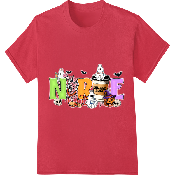 Spooktacular Nurse Nicole: Adorable Halloween Cartoon on red shirt - SUPERDTF-DTF Prints-DTF Transfers-Custom DTF Prints