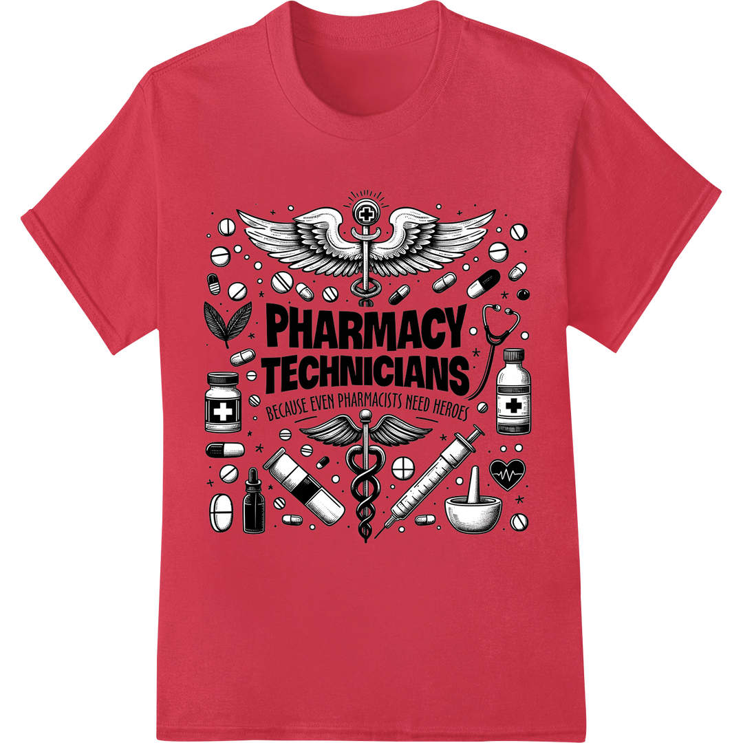 Pharmacy Tech Pride: Custom DTF Print for Healthcare Pros on red shirt - SUPERDTF-DTF Prints-DTF Transfers-Custom DTF Prints