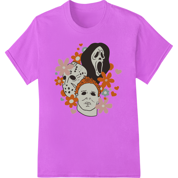 Black t-shirt with DTF print of slasher villains Ghostface from Scream, Michael Myers from Halloween, and Jason Voorhees...