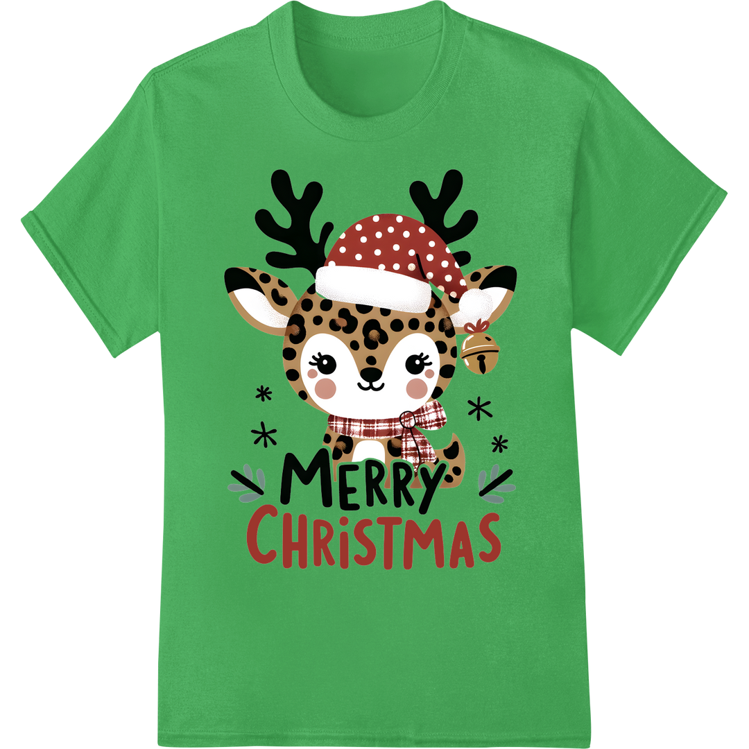 Festive Leopard Santa Hat Merry Christmas Heat Transfer on green shirt - SUPERDTF-DTF Prints-DTF Transfers-Custom DTF Prints