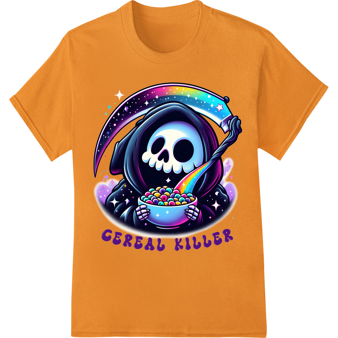 Edgy 'Cereal Killer' Skeleton DTF Print Heat Transfer on orange shirt - SUPERDTF-DTF Prints-DTF Transfers-Custom DTF Prints