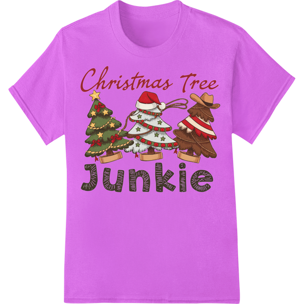 Rustic Western Christmas Tree Junkie DTF Print Transfer on purple shirt - SUPERDTF-DTF Prints-DTF Transfers-Custom DTF Prints