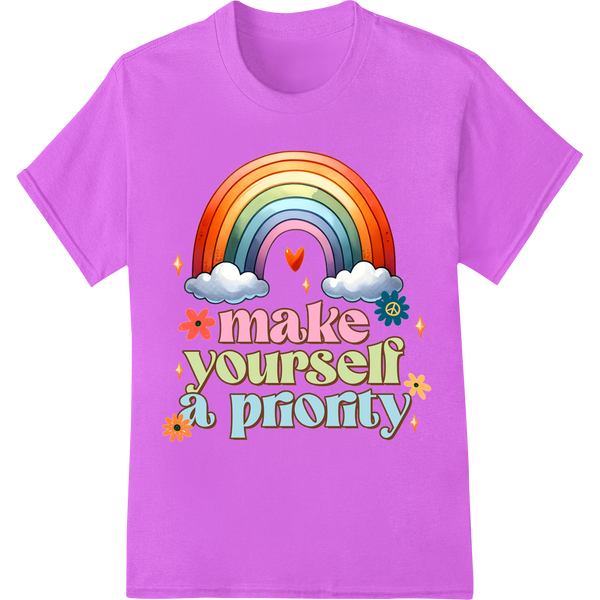 Vibrant Rainbow "Make Yourself a Priority" DTF Transfer on purple shirt - SUPERDTF-DTF Prints-DTF Transfers-Custom DTF Prints