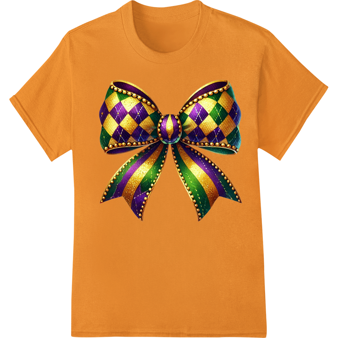 Vibrant Mardi Gras Bow DTF Print for Festive Fashion Flair on orange shirt - SUPERDTF-DTF Prints-DTF Transfers-Custom DTF Prints