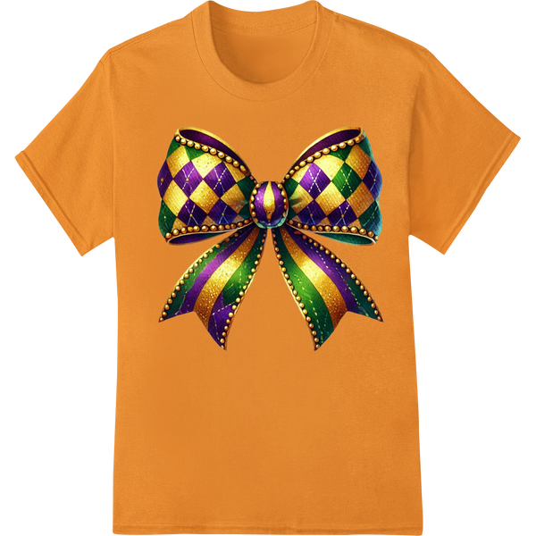 Vibrant Mardi Gras Bow DTF Print for Festive Fashion Flair on orange shirt - SUPERDTF-DTF Prints-DTF Transfers-Custom DTF Prints