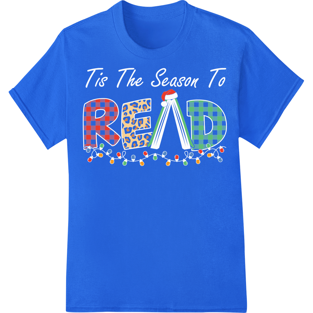 Festive 'READ' Christmas Print - Perfect Holiday Gift Idea! on blue shirt - SUPERDTF-DTF Prints-DTF Transfers-Custom DTF Prints