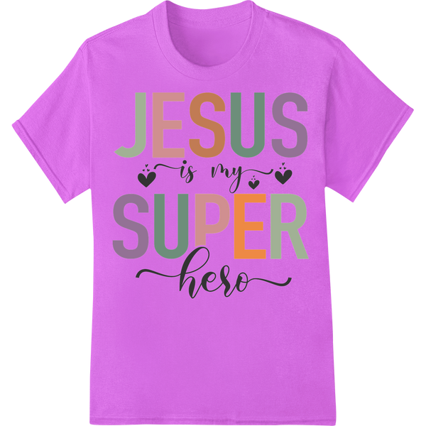 Jesus Is My Super Hero - Inspirational Easter DTF Print on purple shirt - SUPERDTF-DTF Prints-DTF Transfers-Custom DTF Prints