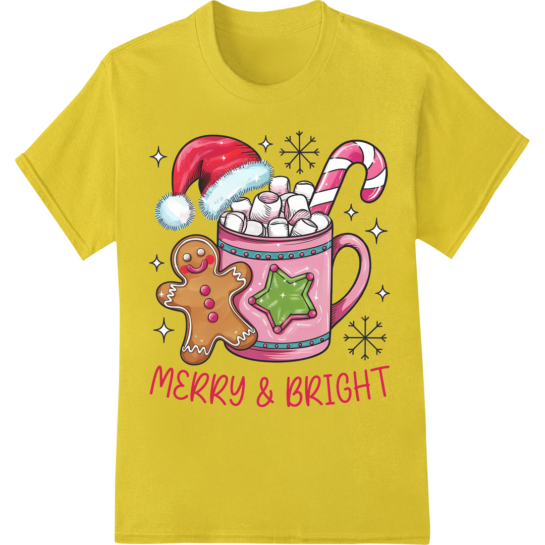 Festive Merry & Bright Gingerbread Christmas Mug DTF Print on yellow shirt - SUPERDTF-DTF Prints-DTF Transfers-Custom DTF Prints