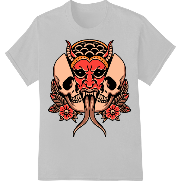 Fierce Oni Demon Skull - Bold Red & Black DTF Print Design - High-quality custom apparel