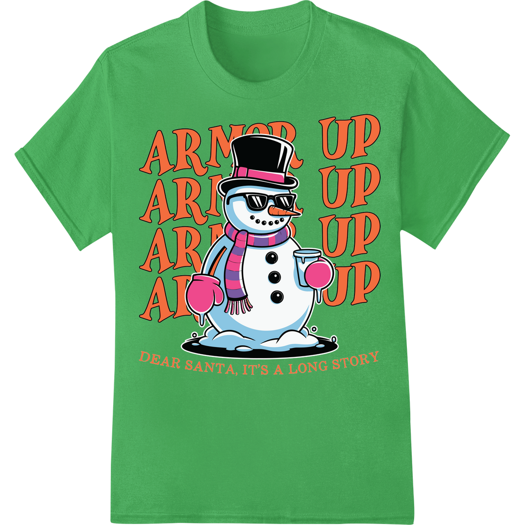 Hilarious "Arm Up" Snowman - Funny Winter DTF Print Transfer on green shirt - SUPERDTF-DTF Prints-DTF Transfers-Custom DTF Prints