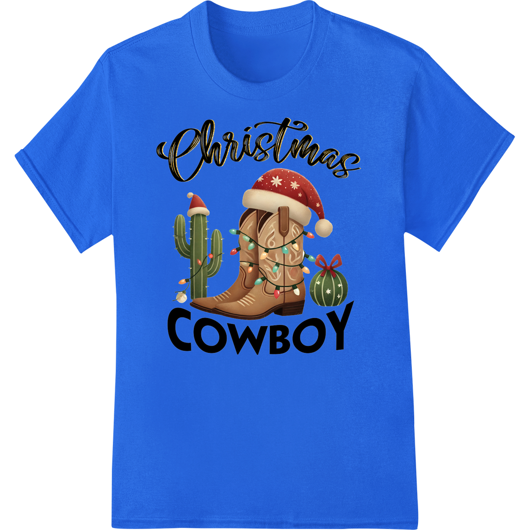 Festive Western Christmas Cowboy Boot DTF Print Transfer on blue shirt - SUPERDTF-DTF Prints-DTF Transfers-Custom DTF Prints