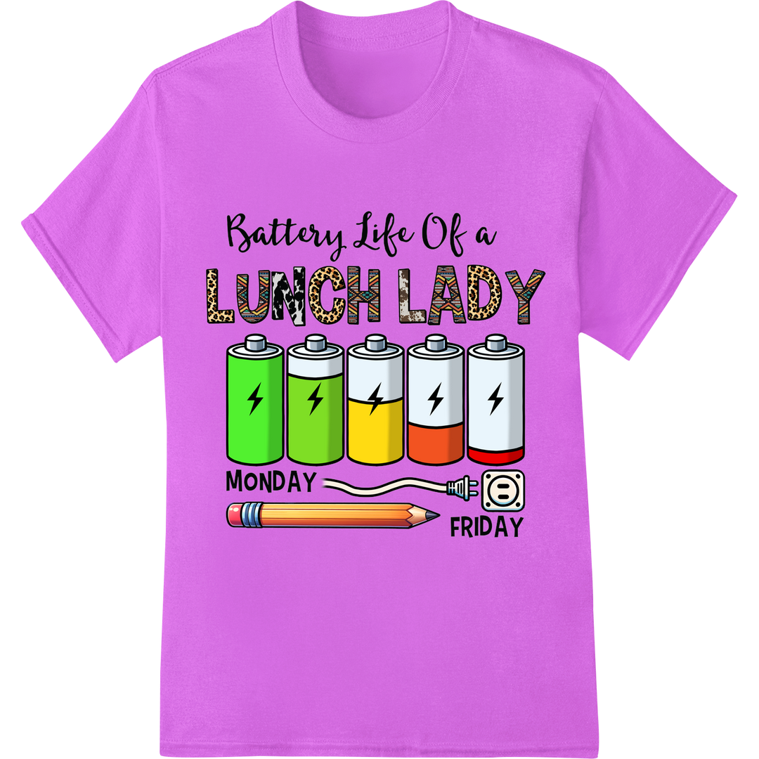 Energize Your Look: Battery Life of a Lunch Lady DTF Print on purple shirt - SUPERDTF-DTF Prints-DTF Transfers-Custom DTF Prints