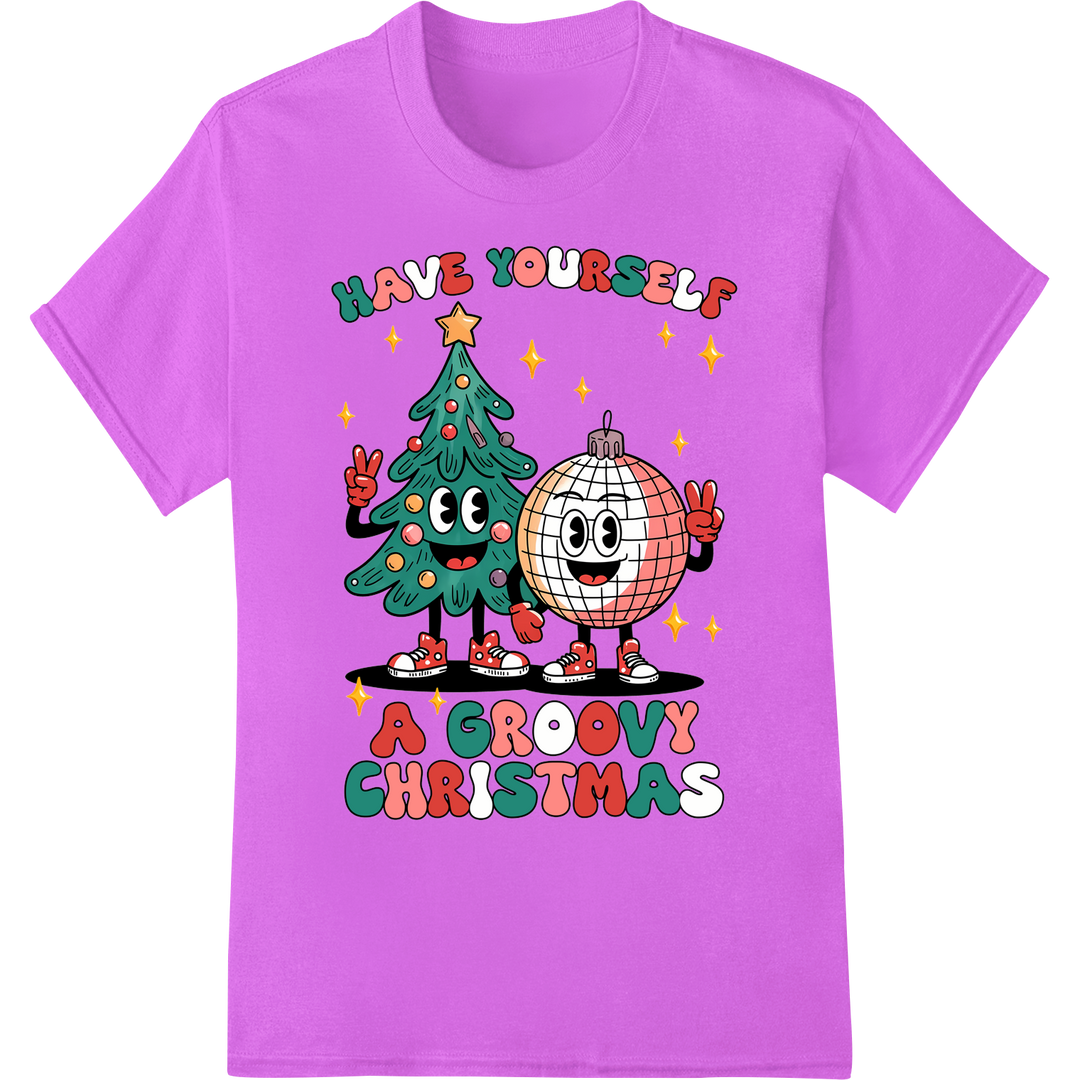 Groovy Disco Christmas Tree DTF Print Heat Transfer on purple shirt - SUPERDTF-DTF Prints-DTF Transfers-Custom DTF Prints