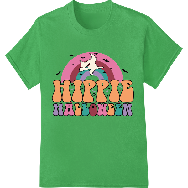 Groovy Hippie Halloween - Retro 60s Spooky Fun DTF Print on green shirt - SUPERDTF-DTF Prints-DTF Transfers-Custom DTF Prints