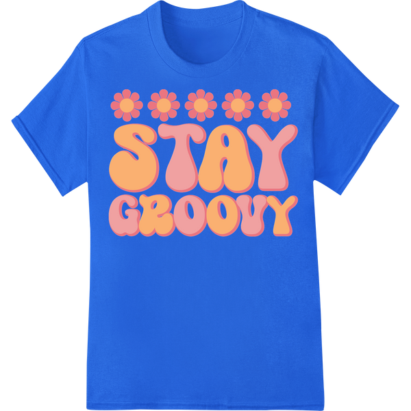 Stay Groovy: Retro Flower Power DTF Transfer Print on blue shirt - SUPERDTF-DTF Prints-DTF Transfers-Custom DTF Prints