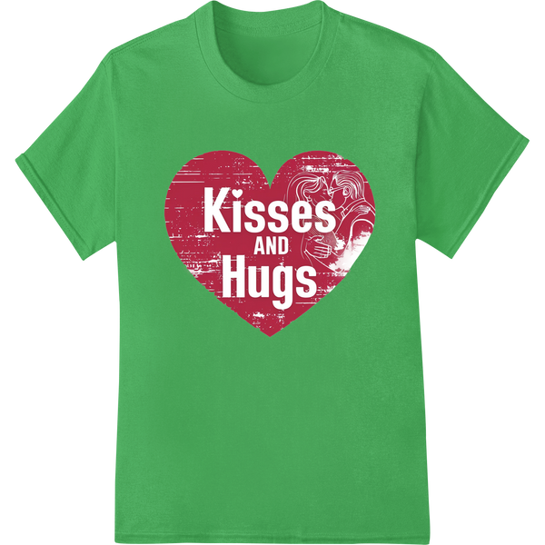 Heartfelt 'Kisses and Hugs' Valentine's Day DTF Print Transfer on green shirt - SUPERDTF-DTF Prints-DTF Transfers-Custom DTF Prints