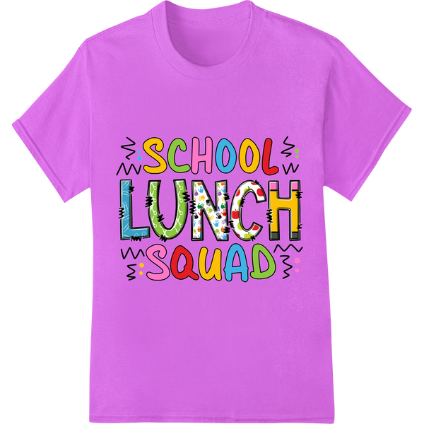 School Lunch Squad: Colorful DTF Print Heat Transfer on purple shirt - SUPERDTF-DTF Prints-DTF Transfers-Custom DTF Prints