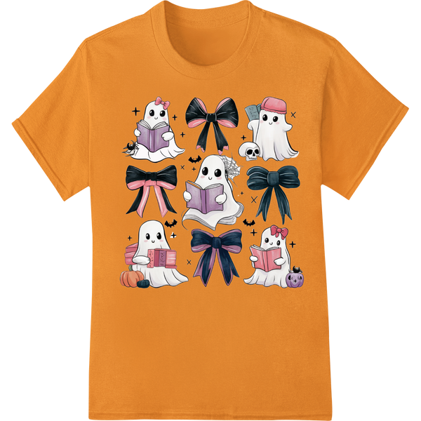 Boo-tiful Besties: Adorable Ghost Pals with Cute Bows on orange shirt - SUPERDTF-DTF Prints-DTF Transfers-Custom DTF Prints