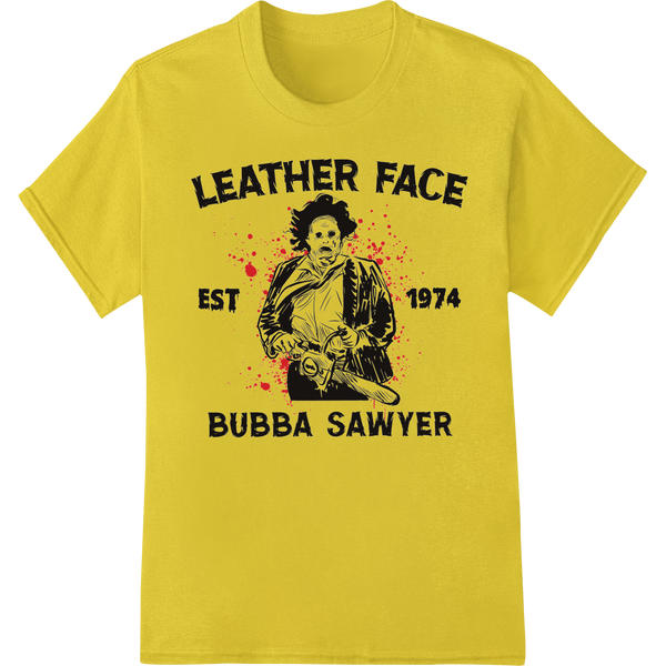 Leatherface 1974 design featuring Bubba Sawyer from The Texas Chainsaw Massacre in a menacing pose with his chainsaw.