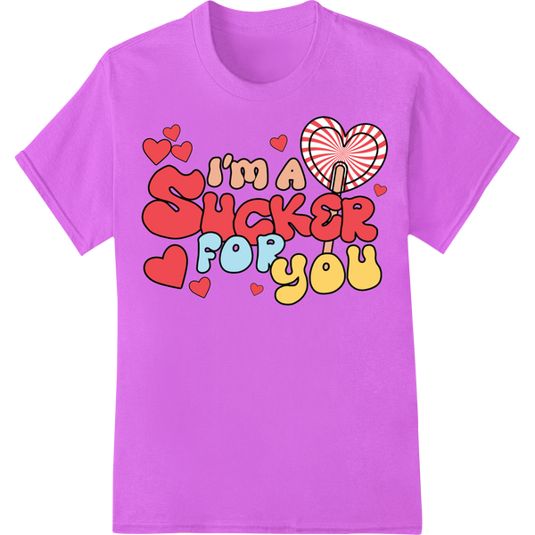 I'm a Sucker for You: Playful Valentine's Day DTF Print on purple shirt - SUPERDTF-DTF Prints-DTF Transfers-Custom DTF Prints