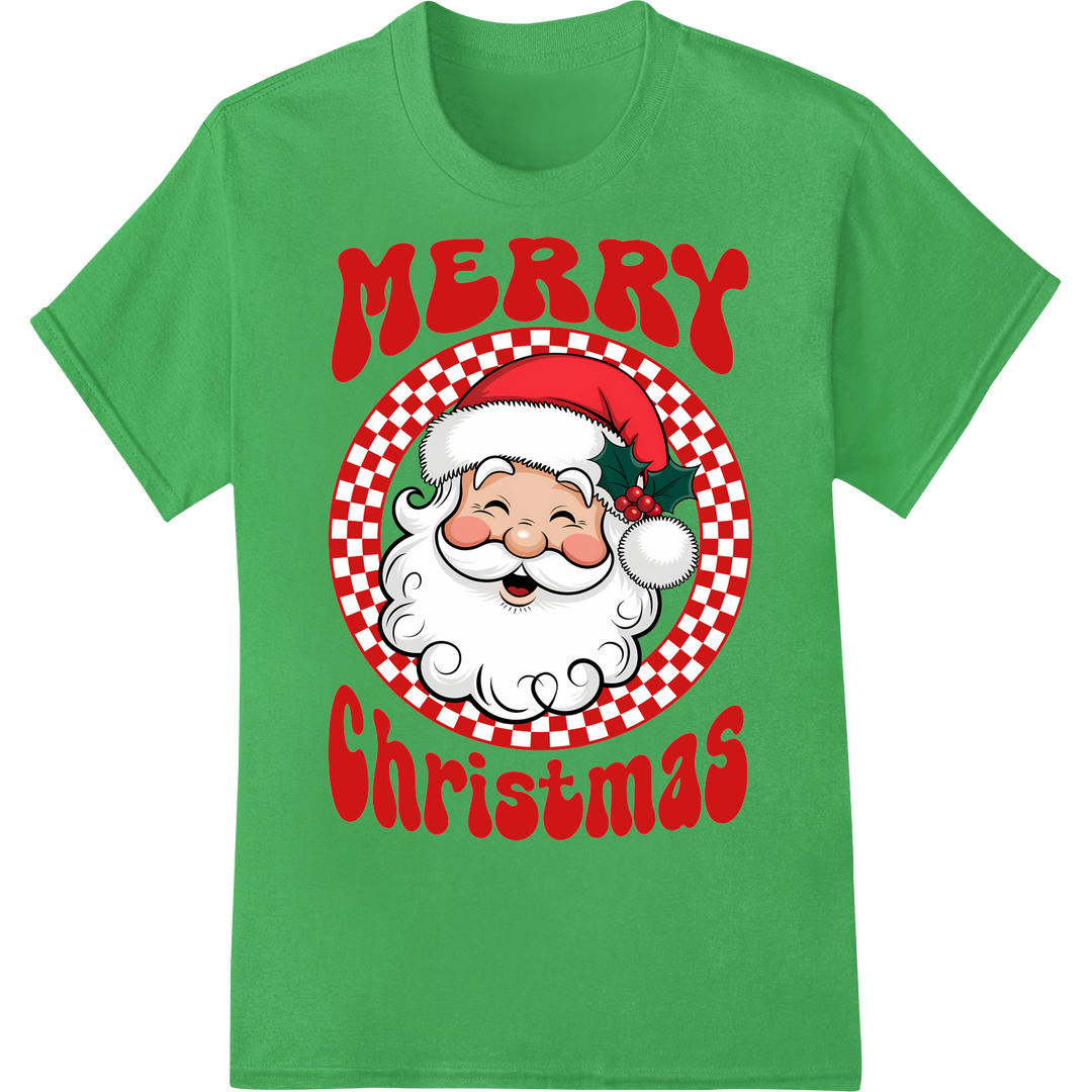 Jolly Santa Checkerboard Christmas Heat Transfer Print on green shirt - SUPERDTF-DTF Prints-DTF Transfers-Custom DTF Prints