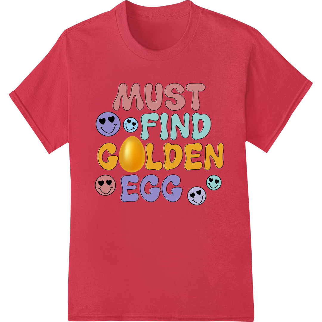 Groovy Easter DTF Transfer: Must Find Golden Egg Print on red shirt - SUPERDTF-DTF Prints-DTF Transfers-Custom DTF Prints