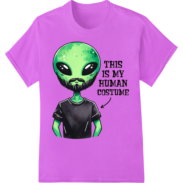 Funny Alien 'Human Costume' DTF Print for Halloween Apparel on purple shirt - SUPERDTF-DTF Prints-DTF Transfers-Custom DTF Prints