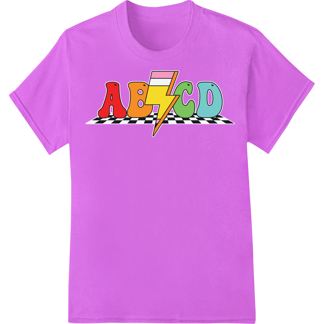 Retro Alphabet Charm: Bold ABCD DTF Print Heat Transfer on purple shirt - SUPERDTF-DTF Prints-DTF Transfers-Custom DTF Prints