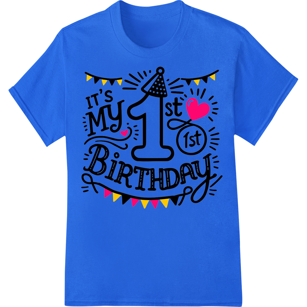 Festive 1st Birthday Celebration DTF Print Heat Transfer on blue shirt - SUPERDTF-DTF Prints-DTF Transfers-Custom DTF Prints