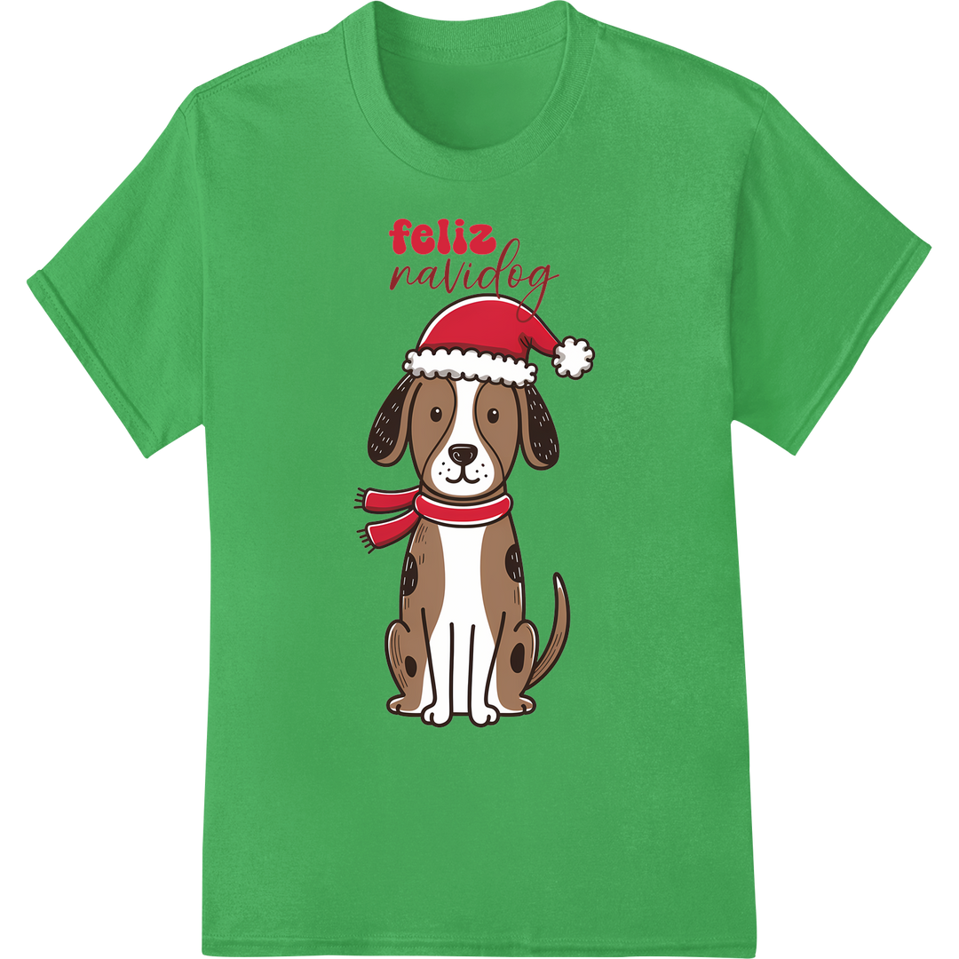 Adorable 'Feliz Navidog' Christmas Dog DTF Print Transfer on green shirt - SUPERDTF-DTF Prints-DTF Transfers-Custom DTF Prints