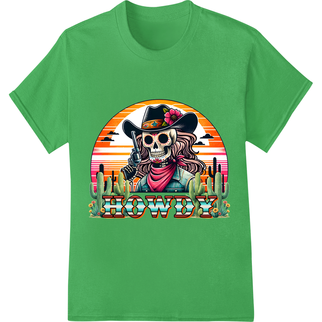 Fierce Cowgirl Skull DTF Transfer Print | Western Vibes on green shirt - SUPERDTF-DTF Prints-DTF Transfers-Custom DTF Prints