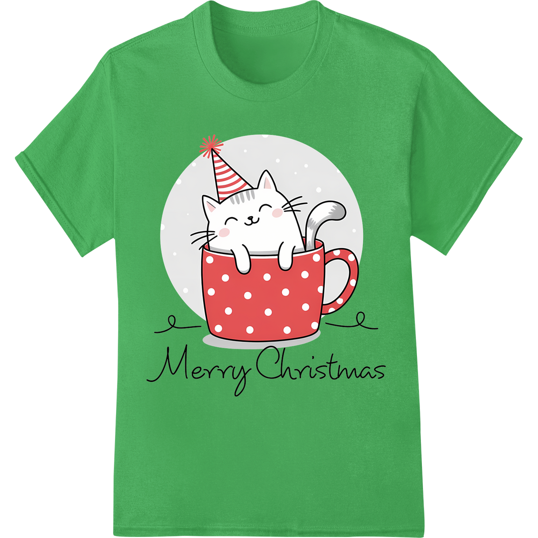 Adorable Christmas Cat in Mug - Festive DTF Print Transfer on green shirt - SUPERDTF-DTF Prints-DTF Transfers-Custom DTF Prints