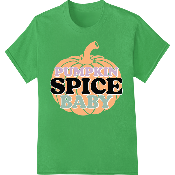 Adorable pumpkin design with 'Pumpkin Spice Baby' text, perfect for fall infant apparel using DTF printing process