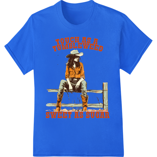 Rugged Cowboy DTF Print: Tough Tumbleweed, Sweet Style on blue shirt - SUPERDTF-DTF Prints-DTF Transfers-Custom DTF Prints