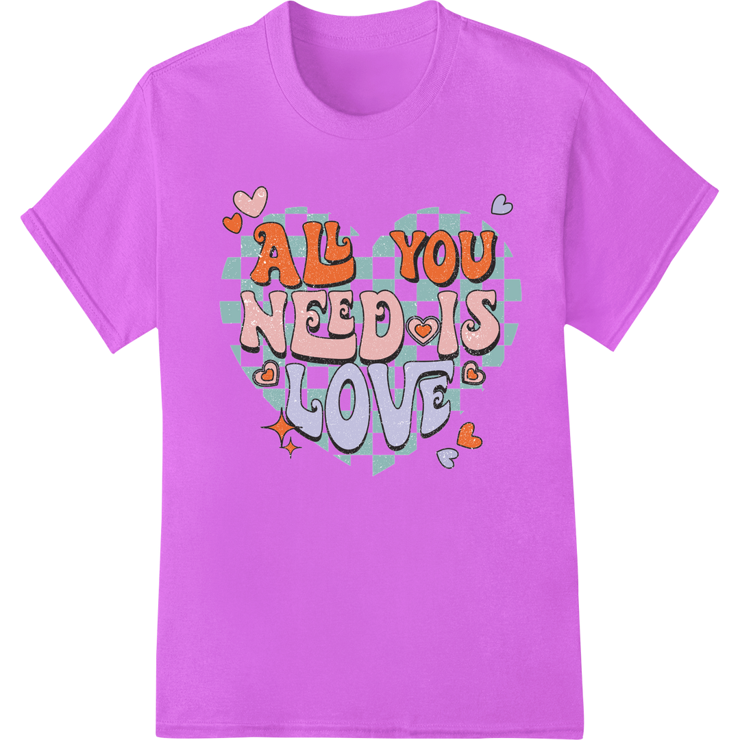 Retro 'All You Need Is Love' DTF Print Heat Transfer on purple shirt - SUPERDTF-DTF Prints-DTF Transfers-Custom DTF Prints