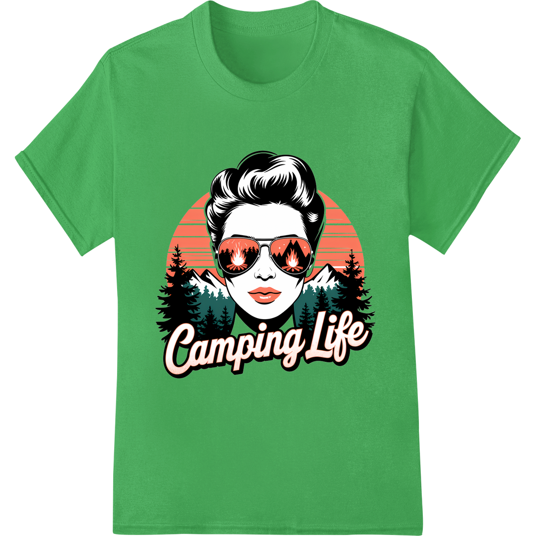 Camping Life: Stylish Outdoor Adventure DTF Print Transfer on green shirt - SUPERDTF-DTF Prints-DTF Transfers-Custom DTF Prints