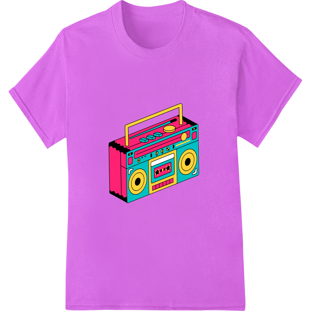 Retro 90s Boombox DTF Print Heat Transfer | Vintage Vibes on purple shirt - SUPERDTF-DTF Prints-DTF Transfers-Custom DTF Prints