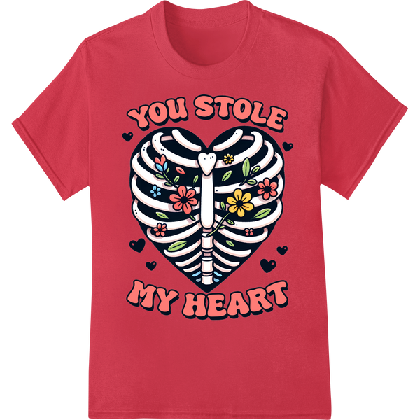 You Stole My Heart Skeleton Floral Valentine's Day DTF Print on red shirt - SUPERDTF-DTF Prints-DTF Transfers-Custom DTF Prints