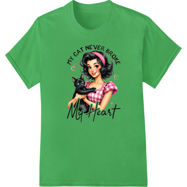 Retro Pin-Up 'My Cat Never Broke My Heart' Valentine's DTF Print on green shirt - SUPERDTF-DTF Prints-DTF Transfers-Custom DTF Prints