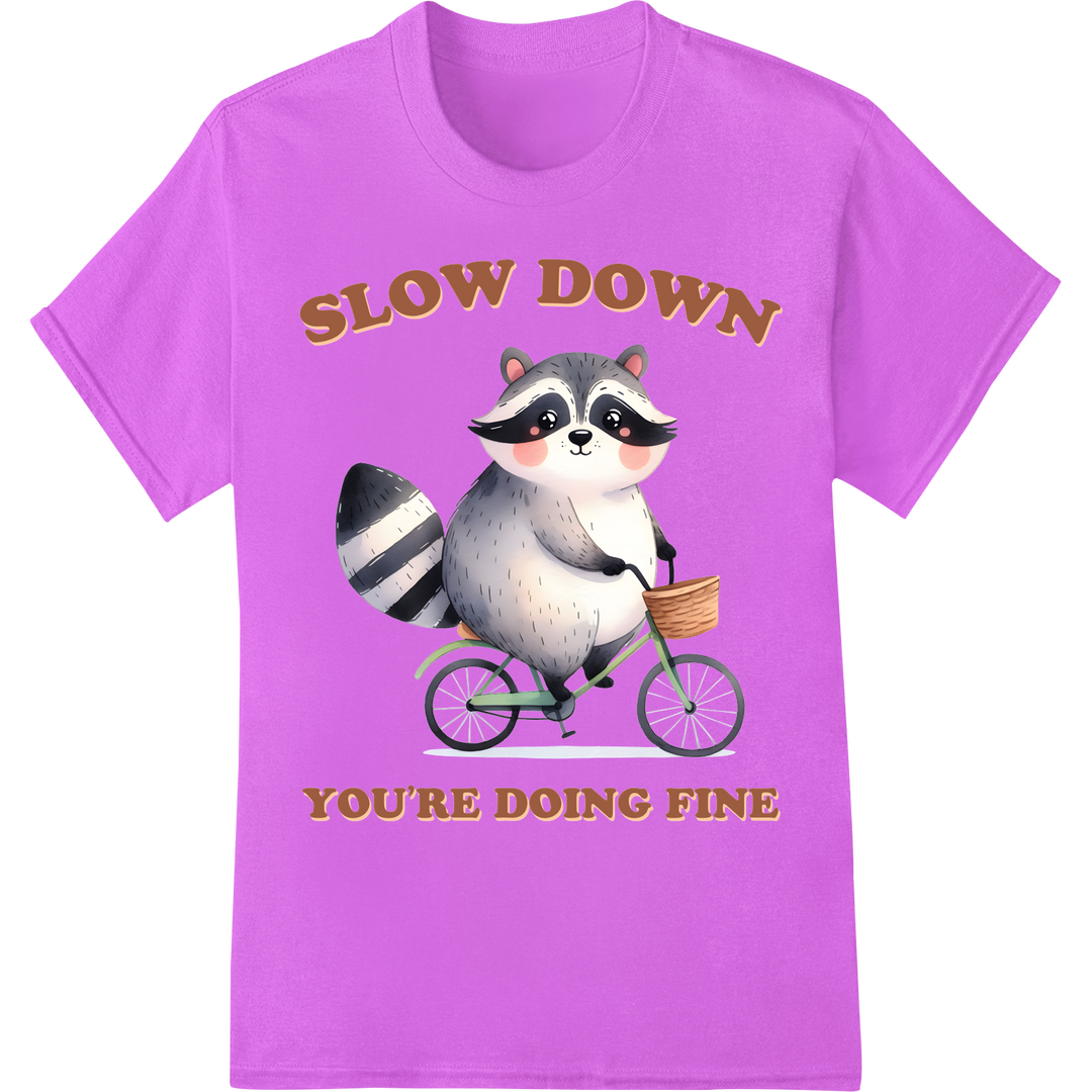 Adorable Raccoon: 'Slow Down You're Doing Fine' DTF Print on purple shirt - SUPERDTF-DTF Prints-DTF Transfers-Custom DTF Prints