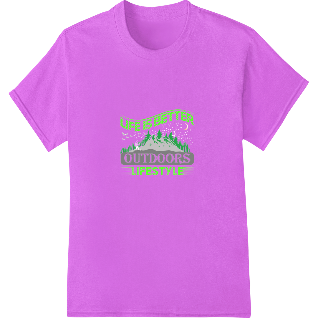 Embrace Nature: "Life is Better Outdoors Lifestyle" DTF Print on purple shirt - SUPERDTF-DTF Prints-DTF Transfers-Custom DTF Prints